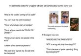 The comments section for a regional US news site's article about a crime starter pack "What is this country coming to? So sad!!!" "You can't trust the world nowadays" "This is why I always carry a handgun" "This is why we need to be TOUGH ON CRIME!!""" "There sure are some sick people in this world" "Lifetime prison sentence please!!!!" "We used to be a great city. So sad what has happened" The profile pictures of the people commenting If the suspect was a teen: "WHERE ARE THE PARENTS???" "W-- is wrong with kids these days???" "This is because of gentle parenting. Bring back discipline!!!!"