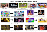 MARRIED WITH CHILDREN 1997 cultural shift starter pack MARYIEL COMICS X-MEN 1987-1997 1992-1997 ARAH REAL MONSTERS 1994-1997 ROSEANNE GARGOYLES 1988-1997 1994-1997 These shows aired their finales FUTURISM stin 16 The Y2K aesthetic replaces Memphis Design Bret Hart leaves WWF; Vince starts pushing Austin as the company's face eva Nu-metal replaces grunge The DISNER Afternoon iSNEY'S Saturday Morning abc One Saturday Morning replaces the Disney Afternoon 3D gaming replaces 2D gaming Bling era hip-hop replaces the G-funk era