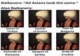 Balkaners: "All Asians look the same." Also Balkaners: Sultan of Türkiye Vasiliás of Greece Tsar of Bulgaria Voivode of Romania Despot of Serbia Kralj of Croatia