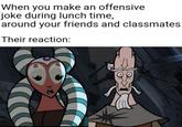 B When you make an offensive joke during lunch time, around your friends and classmates Their reaction: