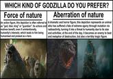 WHICH KIND OF GODZILLA DO YOU PREFER? Force of nature An action figure, this depiction is often referred to as "god, titan, king" or "guardian". Its actions and motives benefit, even if unintentionally, humanity's interests; which leads to him being humanised and praised as a hero. Aberration of nature A dramatic and horror figure, this depiction represents an animal who has suffered a fate of extreme agony through mutation via radioactivity, turning it into a threat to humanity due to its size and activities; at the end of the day, it becomes an enemy to beat and metaphor of destruction, but also a terribly tragic figure.