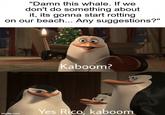 "Damn this whale. If we don't do something about it, its gonna start rotting on our beach... Any suggestions?" Kaboom? imgflip.com Yes Rico, kaboom