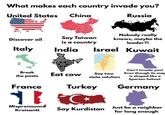 What makes each country invade you? United States China Russia Nobody really knows, maybe the leader?! Israel Kuwait Say Taiwan Discover oil is a country Italy India Break the pasta Eat cow Say two state solution France Turkey Can't invade you! Even though its map is shaped like a Spartan helmet Germany Mispronounce Kroisantt Say Kurdistan Just be a neighbor for long enough