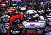 A redraw of an Invincible cover showing Thragg and the Viltrumites. It is redrawn with Transformers characters.