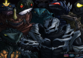 A redraw of an Invincible cover showing Thragg and the Viltrumites. It is redrawn with Godzilla monsters.