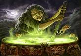 A painting of a witch stirring a cauldron. The witch, or crone, is from the Talisman expansion Highlands.