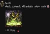 A meme of a witch stirring a cauldron. It reads, "elastic, bombastic, with a drastic taste of plastic 😭."