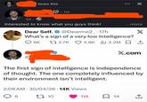 1 loves this • 1st ☑ 2d. Interested to know what you guys think! ...more X Dear Self. @Dearme2_.17h What's a sign of a very low intelligence? Q6K 12.7K 4.9K 2.2M ↑ ☐ 1 X.com The first sign of intelligence is independence of thought. The one completely influenced by their environment isn't intelligent. 2:06 AM 30/04/26 14K Views 6 27 10 116 ☐ 14