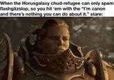 When the Horusgalaxy chud-refugee can only spam flashgitzslop, so you hit 'em with the "I'm canon and there's nothing you can do about it." stare: