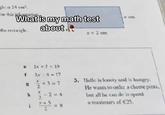 gle is 24 cm². w this information What is my math test the rectangle. about x+2 cm x cm e 2x+7=19 f 3x 4-17 g X2x3x +3=7 -2-4 x+5 2 11 8 3. Hulle is lonely and is hungry. He wants to order a cheese pizza, but all he can do is spend a maximum of €25.