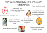 The "How the heck did you get to AP Honors?" kid starterpack Ahead of most kids Never does the homework F and takes classes like Algebra 2 as a freshman Annoys the teachers so much it isn't uncommon to see them kicked out of class Bombs the current classes they are in Spends at least half the class distracted on their phone. Got in because they cheated or some kid helped them Acts as the class's class clown Commonly used as the butt of the joke for teachers.