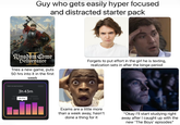 Guy who gets easily hyper focused and distracted starter pack Kingdom Come Deliverance Tries a new game, puts 50 hrs into it in the first week Forgets to put effort in the girl he is texting, realization sets in after the binge period TIME ON INSTAGRAM 3h 43m 5h 21m Exams are a little more than a week away, hasn't done a thing for it "Okay I'll start studying right away after I caught up with the new 'The Boys' episodes"