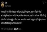 Ash @ashwxrya honestly i'm this close to quitting food for good. every single chef i actually love turns out to be problematic or worse. i'm so tired of finding out after i already got attached. feels like i can't enjoy anything anymore without a background check first 11:12 AM • May 3, 2026 207.3K Views ..