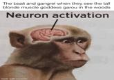 The baali and gangrel when they see the tall blonde muscle goddess garou in the woods. Neuron activation made with mematic