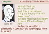 Anonymous 309 KB PNG 04/12/26(Sun)15:04:13 No.948010333 >driving for 3-4 hours >Phone down to 26% >Look down at phone charger >Tell gf "hey can you pass me that phone charger" >She says "what's your phone battery at mines at 15% so I might need it more" Like bruh you were sitting in passenger for 4 f----- hours and didn't charge ya phone let me use it
