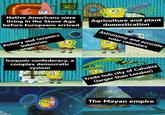 Native Americans were living in the Stone Age before Europeans arrived Pottery and ceramics industries Agriculture and plant domestication Astronomy and accurate solar calendars Iroquois confederacy, a complex democratic system Trade hub city of Cahokia (larger than London) The Mayan empire