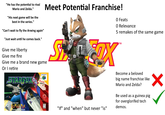 "He has the potential to rival Mario and Zelda." "His next game will be the best in the series." "Can't wait to fly the Arwing again" "Just wait until he comes back." Meet Potential Franchise! 0 Feats O Relevance 5 remakes of the same game TM Give me liberty Give me fire Give me a brand new game Or I retire STARFOX NINTENDO Only For INCLUDES BUMBLE PAK. CONTROLLER ACCESSORY "If" and "when" but never "is" Become a beloved big name franchise like Mario and Zelda? Be used as a guinea pig for overglorifed tech demos.