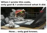 When I wrote this code, only god & I understood what it did. Now... only god knows.