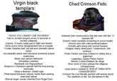 Virgin black templars: Chad Crimson Fists: -"NOOO YOU CANNOT USE PSYKERS!" -Has to scream prayers every 5 seconds or morale collapses -Carries 14 purity seals just to fight one heretic -Turns every minor disagreement into a crusade -"Codex Astartes bad" but still acts dramatic about honor -Accidentally starts wars because someone looked suspicious -Basic ass names:Helbrecht, Grimaldus, Ludoldus Reinhardt von Angryschloss -Emperor's Champion spends half the time posing heroically -Sees a librarian: visible rage -Fleet-based because nobody wants them parking near their planet -Eternal anger issues inherited from Rogal Dorn -Defends their homeworld to the last man with like 12 marines left -Doesn't need constant screaming to prove loyalty -Shoots orks with calm professionalism -Actually gets along with normal humans -Chapter nearly destroyed? "Understood. We continue." -Pedro Kantor carrying civilians to safety like a gigachad -Legendary names: Pedro Kantor Alessio Cortez, Esteban de Varga -Stoic sons of Dorn without the religious schizophrenia -Uses tactics instead of "RUN AT THEM WITH CHAINSWORDS" -Crimson fist icon literally painted with enemy blood -Too stubborn to die, too disciplined to fall