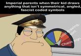 Imperial parents when their kid draws anything that isn't symmetrical, angled, fascist coded symbols cool drawing, son! Chaos sign