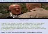 Anonymous 05/11/26(Mon)22:10:58 No.220447384 RATED TV-MA substances, language, gore, smoking We had a good thing, you stupid son of a bitch! IMG_0102.jpg 29 KB JPG >WALTER WHAT HAVE YOU DONE?!?! YOU ARE SO SELFISH FOR NOT LETTING US MURDER YOU. MY LIFE WILL BE SLIGHTLY MORE INCONVENIENT NOW WHILST I CONTINUE TO EARN MILLIONS FROM THE DRUGS YOU KINDLY MAKE FOR US. Why is this drivel lauded as great television?