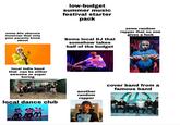 low-budget summer music festival starter pack some 80s obscure musician that only your parents know about Some local DJ that somehow takes half of the budget some random rapper that no one gives a f--- local indie band that can be either awsome or super boring another random rapper local dance club NAT cover band from a famous band