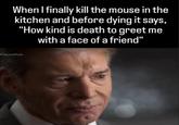 When I finally kill the mouse in the kitchen and before dying it says, "How kind is death to greet me with a face of a friend" TheLastRide