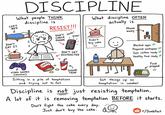 DISCIPLINE COZY discipline is What people THINK BED RESIST!!! DON'T DING! CHECK DON'T EAT IT PHONE DING! What discipline OFTEN actually is Phone away Didn't buy cake ☺ CHIPS DON'T GET DISTRACTED VIDEO GAMES (NOOOO) SUGAR TRAP Sitting in a pile of temptations and trying not to fail Blocked apps Prepared workspace Gym clothes ready Healthy food ready Set things up so temptation is weaker Food prepped Discipline is not just resisting temptation. A lot of it is removing temptation BEFORE it starts. Don't fight the cake every day. Just don't buy the cake. r/DumbFact K ห