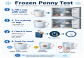 *Frozen Penny Test * A simple way to check if your freezer thawed and refroze. 11. Fill a cup with water Freeze it until solid. 2 2. Put a penny on top Leave the cup in the freezer. 3 3. Check it later After travel or a power outage, look where the coin is. 4 4. Read the result Top: freezer stayed frozen A Middle: partial thaw Time passes... TIP: Keep the test cup in the back of the freezer where temperatures are most consistent. ' . Bottom: V 1 full thaw - food may be unsafe