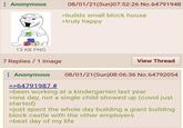 Anonymous 08/01/21(Sun)07:52:26 No.64791948 >builds small block house >truly happy 13 KB PNG 7 Replies/1 Image Anonymous >>64791987 # View Thread 08/01/21(Sun)08:06:36 No.64792054 >been working at a kindergarten last year >one day, not a single child showed up (covid just started) >just spent the whole day building a giant building block castle with the other employers >best day of my life