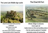 The Lame Late Middle Age castle The Chad Hill Fort -Only for some lords family and their employees -S--- holes in the walls -Giant eyesore -can not be used as pasture if needed -only promotes sense of superiority -Whole village is welcome -more open air -looks nicers on the surrounding nature -Can be used as pasture if needed -promotes sense of community