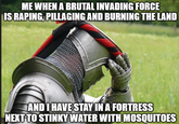 ME WHEN A BRUTAL INVADING FORCE IS R-----, PILLAGING AND BURNING THE LAND AND I HAVE STAY IN A FORTRESS NEXT TO STINKY WATER WITH MOSQUITOES