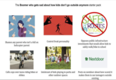 The Boomer who gets sad about how kids don't go outside anymore starter pack Shames any parent who isn't a full on helicopter parent Control freak personality Calls cops over teens riding bikes or ebikes Intolerant of kids playing in parks and other outdoor spaces SAFE ROUTES TO SCHOOL Rideshare, a division of SLO Opposes public infrastructure investments that would allow kids to safely walk/bike to school Nextdoor Posts on nextdoor about how scared it makes them to see teenagers outside existing