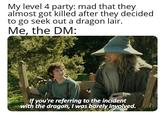 My level 4 party: mad that they almost got killed after they decided to go seek out a dragon lair. Me, the DM: If you're referring to the incident with the dragon, I was barely involved.