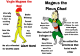 Virgin Magnus the Red Magnus the Pious Chad Literally Cyclops "I didn't do anything wrong." Sold his soul to Tzeentch Broke Webway Turned the legion into dust Has daddy issues He sits offended Giant Nerd for 10,000 years Saved the Empire from Civil War Recreated the Colleges of Magic Saved Kislev and kicked the ass of the Chaosites and their leader He made the faith of Sigmar the main state religion, which spiritually strengthened the spirit of the nation. He united the provinces that hated each other