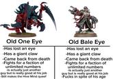 Old One Eye -Has lost an eye -Has a giant claw -Came back from death -Fights for a faction of unlimited numbers -Is actually just another guy but is really good at his job -Still makes the Hive Mind queef Old Bale Eye -Has lost an eye -Has a giant claw -Came back from death -Fights for a faction of unlimited numbers -Is actually just another guy but is really good at his job -F---- in spite of his age