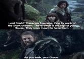Lord Stark? There are five pups. One for each of the Stark children. The direwolf is the sigil of your House. They were meant to have them. As you wish, your Grace.