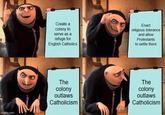 imgflip.com Create a colony to serve as a refuge for English Catholics Enact religious tolerance and allow Protestants to settle there The colony outlaws Catholicism The colony outlaws Catholicism