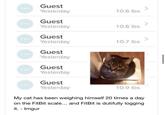 Guest Yesterday 10.6 lbs Guest Yesterday 10.6 lbs Guest Yesterday 10.7 lbs Guest Yesterday Guest Yesterday Guest Yesterday 10.9 lbs My cat has been weighing himself 20 times a day on the FitBit scale... and FitBit is dutifully logging it. - Imgur