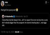 Indu @_induuu that got bro p---- wet DJ Akademiks @Akademiks - Apr 25 Q I knew Klay had dat dawg in him... ain't no rapper finna turn my boy into a cuck. Ain't nobody bigger than the program!. He started cheating day 1... real n---- s---. 7:15 PM - Apr 25, 2026-944.8K Views