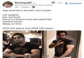 Soumyadri ... General Counsel at Drip Capital 18h Edited ③ Age reversal is actually very simple. Lift weights. Eat real food. Focus on protein and saturated fats. Control insulin. Sleep on time. 2010 (24 years) and 2026 (40 years) • 2nd + Connect RIFTONY