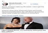 Nicole Russell · 3rd Opinion Columnist 1d + Follow Bezos, Amazon make my life easier. I don't get the billionaire hate. Amazon saves busy Americans time and money. Demonizing billionaires like Jeff Bezos ignores the value many create for millions of consumers. https://lnkd.in/gER-7qFq I don't resent Bezos. I'm rooting for billionaires like him. | Opinion usatoday.com