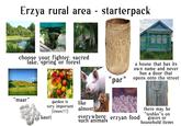 - Erzya rural area starterpack choose your fighter: sacred lake, spring or forest a house that has its own name and never has a door that "par" opens onto the street "maar" garden is like very important (trees!!!) kauri almost everywhere: erzyan food such animals there may be "teshks"s on graves or household items