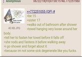Anonymous WOOSH YOU HAVE Smol pener 40 KB JPG body. 06/22/18(Fri)07:00:15 No.772251560 >>772251055 (OP) # >be 15 >sister 17 >walks out of bathroom after shower >towel hanging very loose around her >tell her to fasten her towel before it falls off >she nods and fastens it before walking away >i go shower and forget about it >because im not some sick degenerate like you f----.