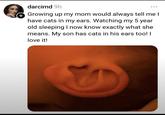 darcimd 9h + Growing up my mom would always tell me I have cats in my ears. Watching my 5 year old sleeping I now know exactly what she means. My son has cats in his ears too! I love it!
