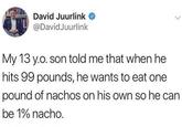 David Juurlink @DavidJuurlink My 13 y.o. son told me that when he hits 99 pounds, he wants to eat one pound of nachos on his own so he can be 1% nacho.