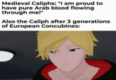 Medieval Caliphs: "I am proud to have pure Arab blood flowing through me!" Also the Caliph after 3 generations of European Concubines: