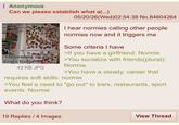 Anonymous Can we please establish what a(...) Them. "Back iN My dAy We Didn't hAve AIL This Aut Sm *Meanwhile on your aunt's fridge 43 KB JPG 05/20/26(Wed)02:54:38 No.84604264 I hear normies calling other people normies now and it triggers me Some criteria I have >If you have a girlfriend: Normie >You socialize with friends(plural): Normie >You have a steady, career that requires soft skills: normie >You feel a need to "go out" to bars, restaurants, sport events: Normie What do you think? 19 Replies / 4 Images View Thread