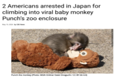 2 Americans arrested in Japan for climbing into viral baby monkey Punch's zoo enclosure May 19, 2026 by CBS News Punch the monkey (Photo: MGN Online/ Daiei Onoguchi / CC BY-SA 4.0)