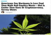 CULTURE Americans Say Marijuana Is Less Cool Than Math And Country Music-But Is Cooler Than Guns Or Cryptocurrency, Survey Shows Published on May 20, 2026 By Tom Angell X